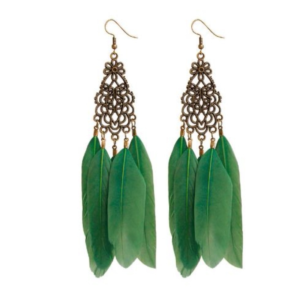 Green Boho raven feather earrings filigree